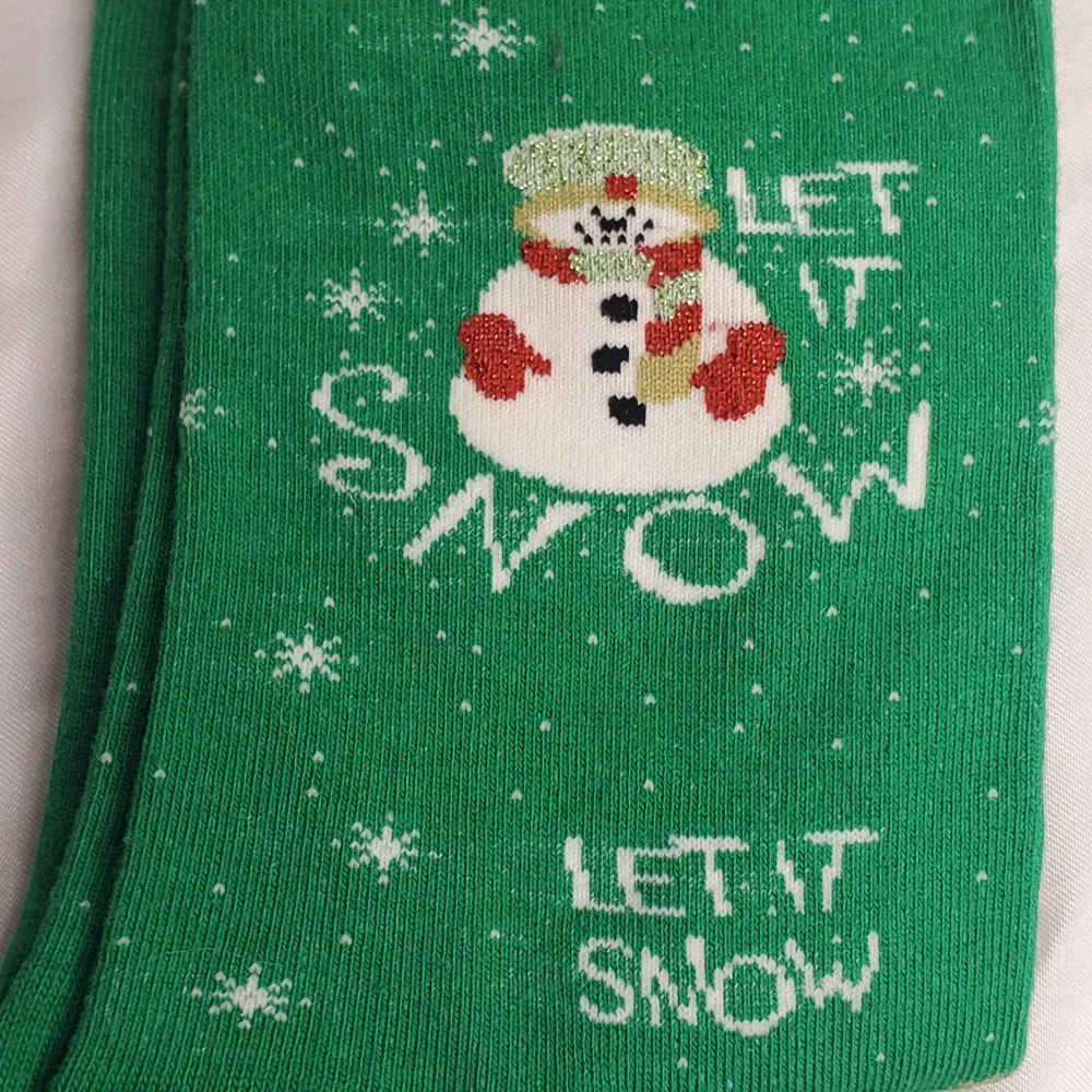 ◇ Novelty Snowman Christmas Socks Let it Snow Green and White Size 9-11